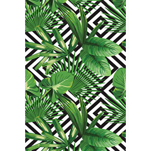 Makinede Yıkanabilir Leke Tutmaz  yeşil Pvc Deri Kaymaz Taban Yaprak Tema Mutfak Saçaksız Halı O1011 100x140 cm