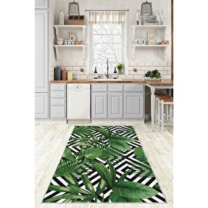 Makinede Yıkanabilir Leke Tutmaz  yeşil Pvc Deri Kaymaz Taban Yaprak Tema Mutfak Saçaksız Halı O1011 100x300 cm