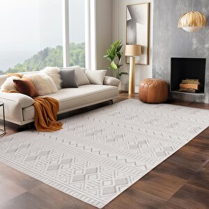 Modern Krem Renkli İskandinav Desenli Bohem Salon Mutfak Mekan Teras Balkon Oda Ve Çocuk Halısı Oymalı Halı 200x290 cm