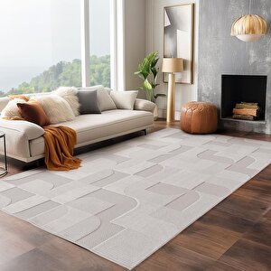 Modern Krem Renkli Geometrik Desenli Bohem Salon Mutfak Mekan Teras Balkon Oda Ve Çocuk Halısı Oymalı Halı 280x370 cm