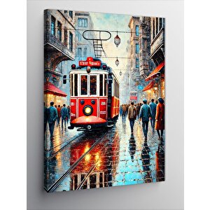 Kanvas Tablo Yağmurda Kırmızı Tramvay 100x140 cm