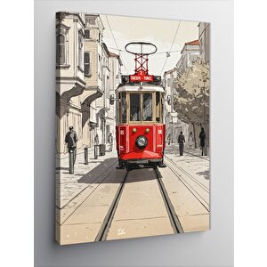 Kanvas Tablo Kırmızı Tramvay Sokak Manzarası 50x70 cm