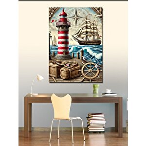 Kanvas Tablo Deniz Feneri Ve Gemi Motifi 100x140 cm
