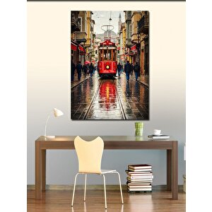 Kanvas Tablo Yağmur Altında Kırmızı Tramvay 100x140 cm