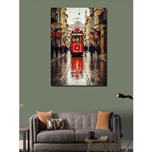 Kanvas Tablo Yağmur Altında Kırmızı Tramvay 100x140 cm