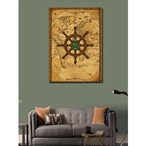 Kanvas Tablo Antik Deniz Haritası Ve Dümen 70x100 cm