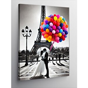 Kanvas Tablo Eiffel Kulesi Ve Balonlu Düğün Çifti 100x140 cm