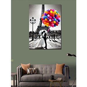 Kanvas Tablo Eiffel Kulesi Ve Balonlu Düğün Çifti 100x140 cm