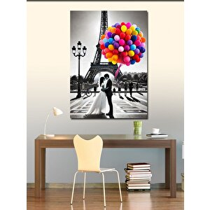 Kanvas Tablo Eiffel Kulesi Ve Balonlu Düğün Çifti 70x100 cm