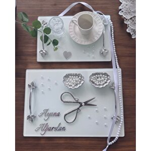 Adore Gümüş Beyaz İncili Söz Tepsisi Nişan Tepsisi Ve Damat Kahve Fincan Tepsisi Mor