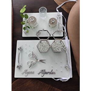 Adore Gümüş Beyaz İncili Söz Tepsisi Nişan Tepsisi Ve Damat Kahve Fincan Tepsisi Beyaz