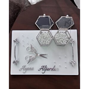 Adore Gümüş Beyaz İncili Söz Tepsisi Nişan Tepsisi Ve Damat Kahve Fincan Tepsisi Beyaz