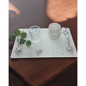 Adore Gümüş Beyaz İncili Söz Tepsisi Nişan Tepsisi Ve Damat Kahve Fincan Tepsisi Gri
