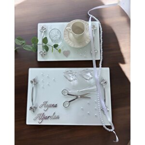 Adore Gümüş Beyaz İncili Söz Tepsisi Nişan Tepsisi Ve Damat Kahve Fincan Tepsisi Bordo
