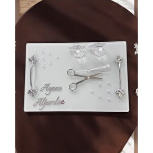 Adore Gümüş Beyaz İncili Söz Tepsisi Nişan Tepsisi Ve Damat Kahve Fincan Tepsisi Bordo