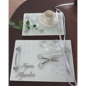 Adore Gümüş Beyaz İncili Söz Tepsisi Nişan Tepsisi Ve Damat Kahve Fincan Tepsisi Bordo