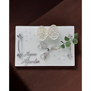 Adore Gümüş Beyaz İncili Söz Tepsisi Nişan Tepsisi Ve Damat Kahve Fincan Tepsisi Pembe