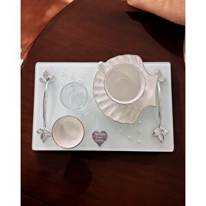 Adore Gümüş Beyaz İncili Söz Tepsisi Nişan Tepsisi Ve Damat Kahve Fincan Tepsisi Pembe