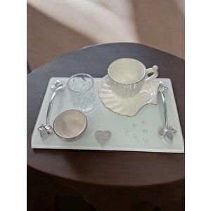 Adore Gümüş Beyaz İncili Söz Tepsisi Nişan Tepsisi Ve Damat Kahve Fincan Tepsisi