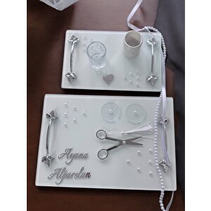 Adore Gümüş Beyaz İncili Söz Tepsisi Nişan Tepsisi Ve Damat Kahve Fincan Tepsisi Mavi