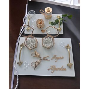 Adore Gold Beyaz İncili Söz Tepsisi Nişan Tepsisi Ve Damat Kahve Fincan Tepsisi Mavi