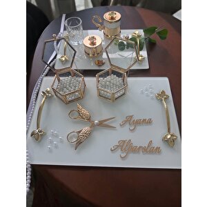Adore Gold Beyaz İncili Söz Tepsisi Nişan Tepsisi Ve Damat Kahve Fincan Tepsisi Mavi