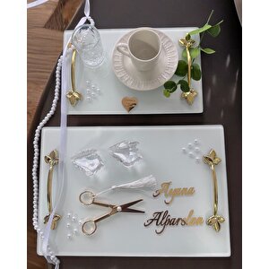 Adore Gold Beyaz İncili Söz Tepsisi Nişan Tepsisi Ve Damat Kahve Fincan Tepsisi Mor