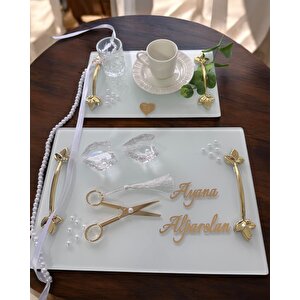 Adore Gold Beyaz İncili Söz Tepsisi Nişan Tepsisi Ve Damat Kahve Fincan Tepsisi
