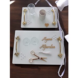 Adore Gold Beyaz İncili Söz Tepsisi Nişan Tepsisi Ve Damat Kahve Fincan Tepsisi Pembe
