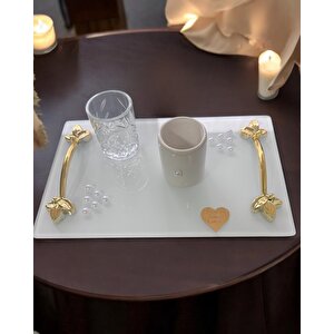 Adore Gold Beyaz İncili Söz Tepsisi Nişan Tepsisi Ve Damat Kahve Fincan Tepsisi Pembe