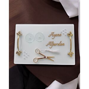 Adore Gold Beyaz İncili Söz Tepsisi Nişan Tepsisi Ve Damat Kahve Fincan Tepsisi Pembe