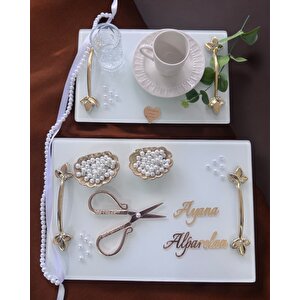 Adore Gold Beyaz İncili Söz Tepsisi Nişan Tepsisi Ve Damat Kahve Fincan Tepsisi Kırmızı