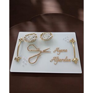 Adore Gold Beyaz İncili Söz Tepsisi Nişan Tepsisi Ve Damat Kahve Fincan Tepsisi Kırmızı