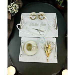 Gümüş Mermer Söz Tepsisi Ve Damat Kahve Fincan Tepsisi Bronz