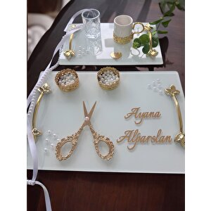 Adore Gold Beyaz İncili Söz Tepsisi Nişan Tepsisi Ve Damat Kahve Fincan Tepsisi Beyaz
