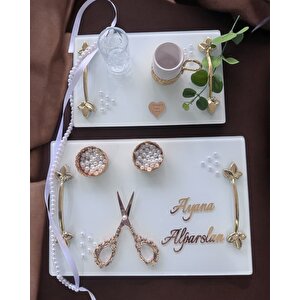 Adore Gold Beyaz İncili Söz Tepsisi Nişan Tepsisi Ve Damat Kahve Fincan Tepsisi Beyaz