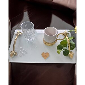 Adore Gold Beyaz İncili Söz Tepsisi Nişan Tepsisi Ve Damat Kahve Fincan Tepsisi Beyaz