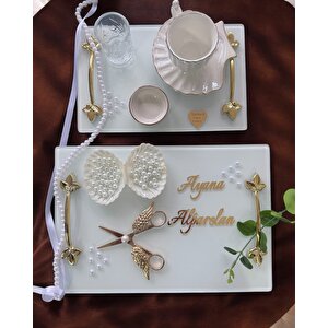 Adore Gold Beyaz İncili Söz Tepsisi Nişan Tepsisi Ve Damat Kahve Fincan Tepsisi Bordo