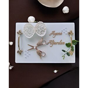 Adore Gold Beyaz İncili Söz Tepsisi Nişan Tepsisi Ve Damat Kahve Fincan Tepsisi