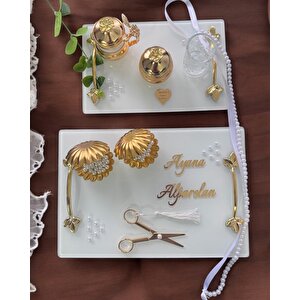 Adore Gold Beyaz İncili Söz Tepsisi Nişan Tepsisi Ve Damat Kahve Fincan Tepsisi Gri