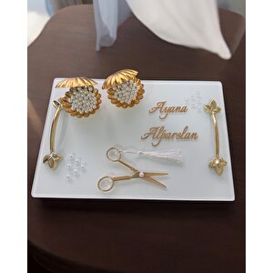 Adore Gold Beyaz İncili Söz Tepsisi Nişan Tepsisi Ve Damat Kahve Fincan Tepsisi Gri