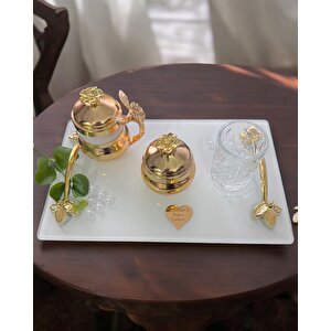 Adore Gold Beyaz İncili Söz Tepsisi Nişan Tepsisi Ve Damat Kahve Fincan Tepsisi Gri