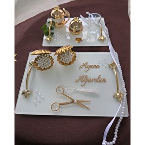 Adore Gold Beyaz İncili Söz Tepsisi Nişan Tepsisi Ve Damat Kahve Fincan Tepsisi