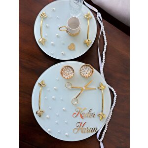 Beloved Gold Beyaz İncili Söz Tepsisi Nişan Tepsisi Ve Damat Kahve Fincan Tepsi Seti Beyaz