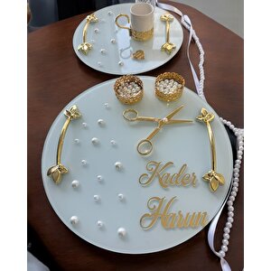 Beloved Gold Beyaz İncili Söz Tepsisi Nişan Tepsisi Ve Damat Kahve Fincan Tepsi Seti Beyaz