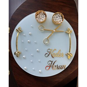 Beloved Gold Beyaz İncili Söz Tepsisi Nişan Tepsisi Ve Damat Kahve Fincan Tepsi Seti Beyaz