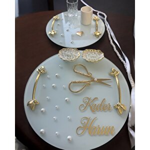 Beloved Gold Beyaz İncili Söz Tepsisi Nişan Tepsisi Ve Damat Kahve Fincan Tepsi Seti Krem