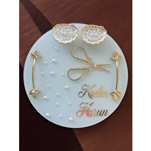 Beloved Gold Beyaz İncili Söz Tepsisi Nişan Tepsisi Ve Damat Kahve Fincan Tepsi Seti Krem