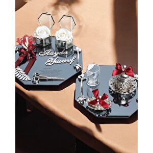 Affinity Sekizgen Gümüş Söz Nişan Tepsisi Ve Damat Kahve Fincan Tepsisi Kırmızı
