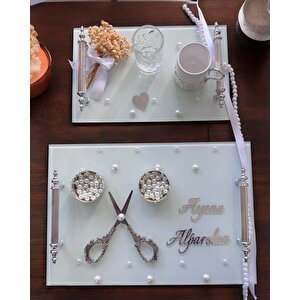 Bonding Gümüş Beyaz İncili Söz Tepsisi Nişan Tepsisi Ve Damat Kahve Fincan Tepsisi Bronz